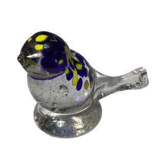 Art Glass Bird Paperweight Clear with Bubbles in & Hand Painted Blue and Yellow